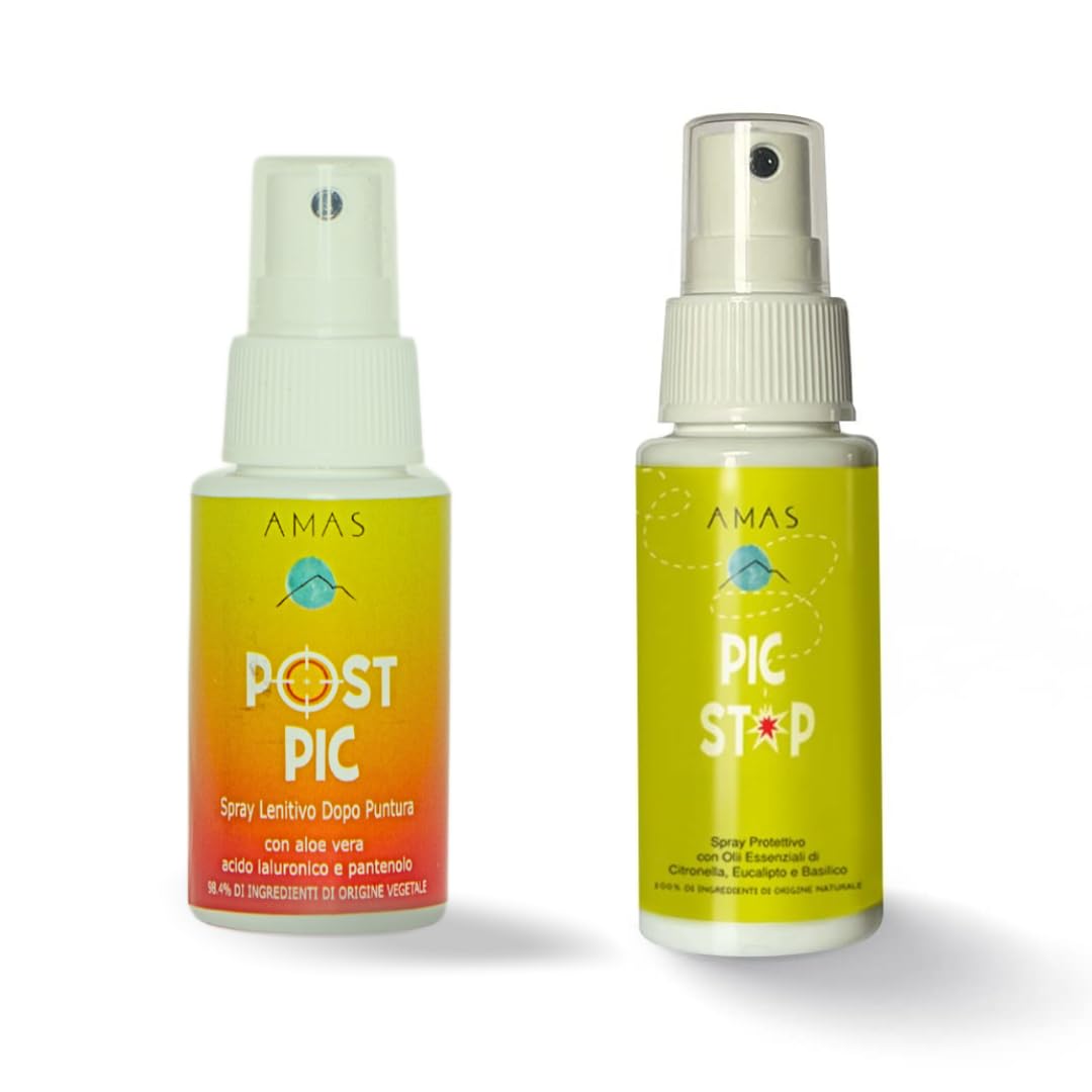 AMAS KIT PROTEZIONE ZANZARE - 2pz - PIC STOP Spray Repellente Naturale + POST PIC Spray Dopo Puntura Naturale - Ideale per Bambini
